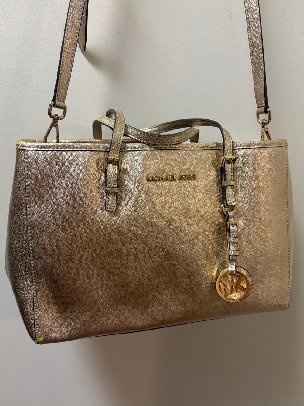 Authentic Michael Kors Metallic Gold Saffiano Tote with Logo Charm